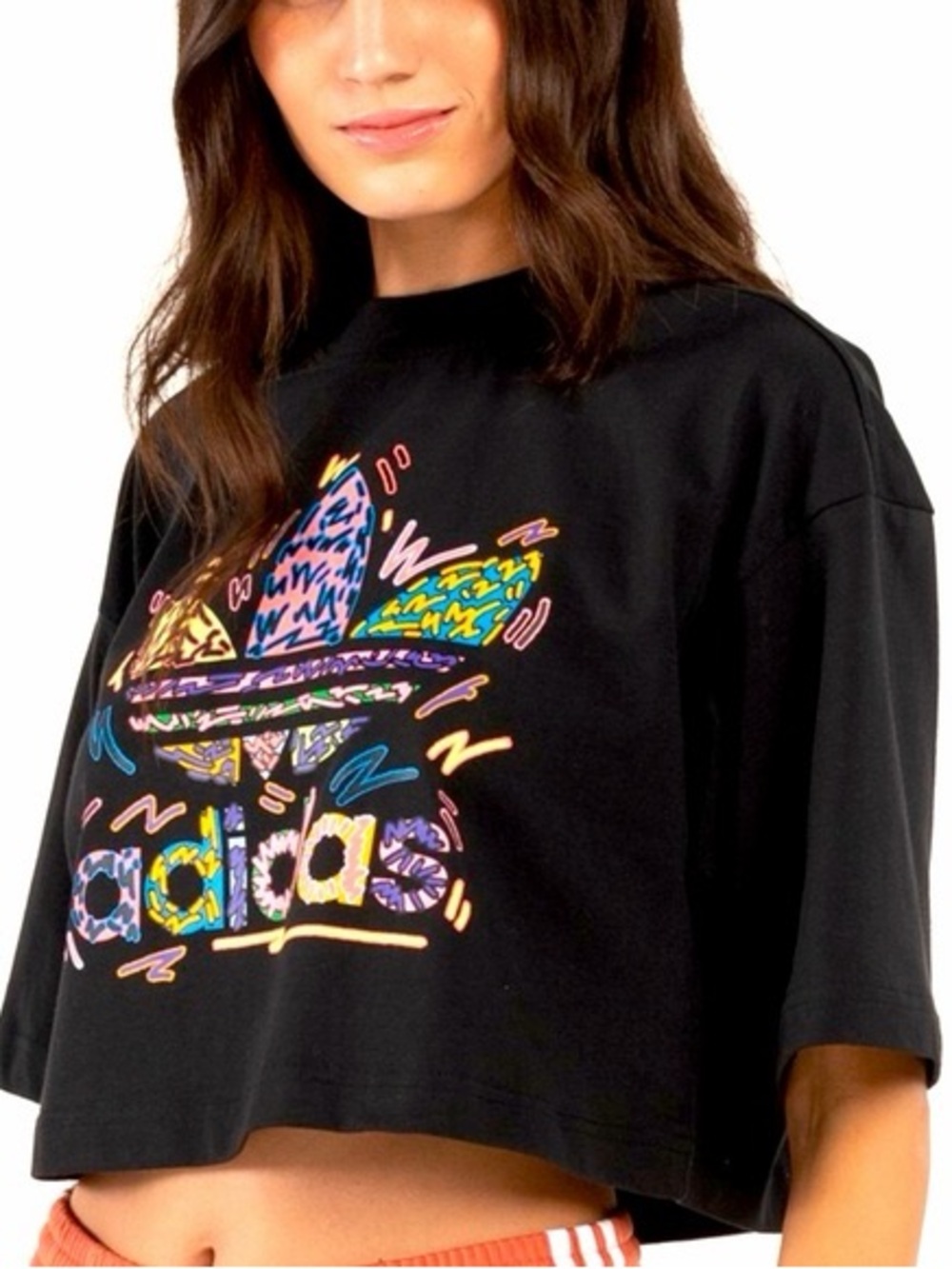 adidas Black Cropped Tee with Multicolor Graphic Size M